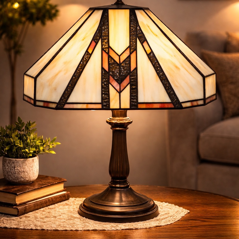 Tiffany-Style Stained Glass Table Lamp Shade in Cream & Amber
